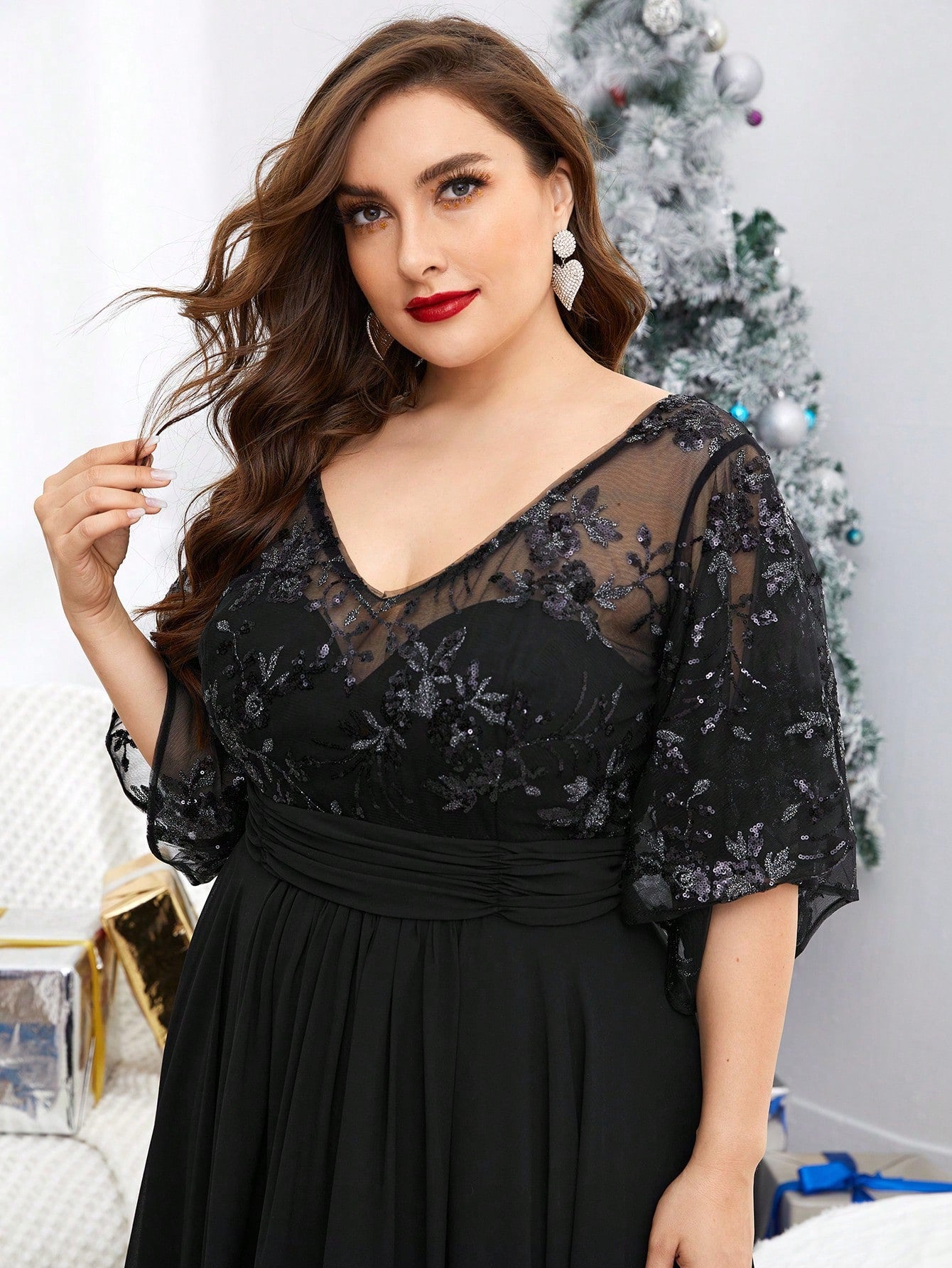 Plus Size V-Neck Sequin Embroidered Sheer Bell Sleeve Patchwork Chiffon Dress, Formal Evening Prom Dress, For Wedding Guest, Graduation, Dinner, Party Dress,Gown Spring Vacation