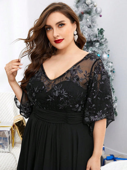 Plus Size V-Neck Sequin Embroidered Sheer Bell Sleeve Patchwork Chiffon Dress, Formal Evening Prom Dress, For Wedding Guest, Graduation, Dinner, Party Dress,Gown Spring Vacation