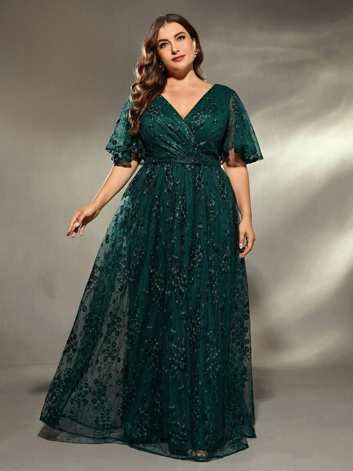 Plus Size Women's V-Neck Asymmetrical Crossed Large Flare Sleeve Embroidered Lace Maxi Formal Evening Dress Elegant Prom Wedding Guest Gown, For Graduation, Dinner Party Dress, For Valentine's Day Spring Pink