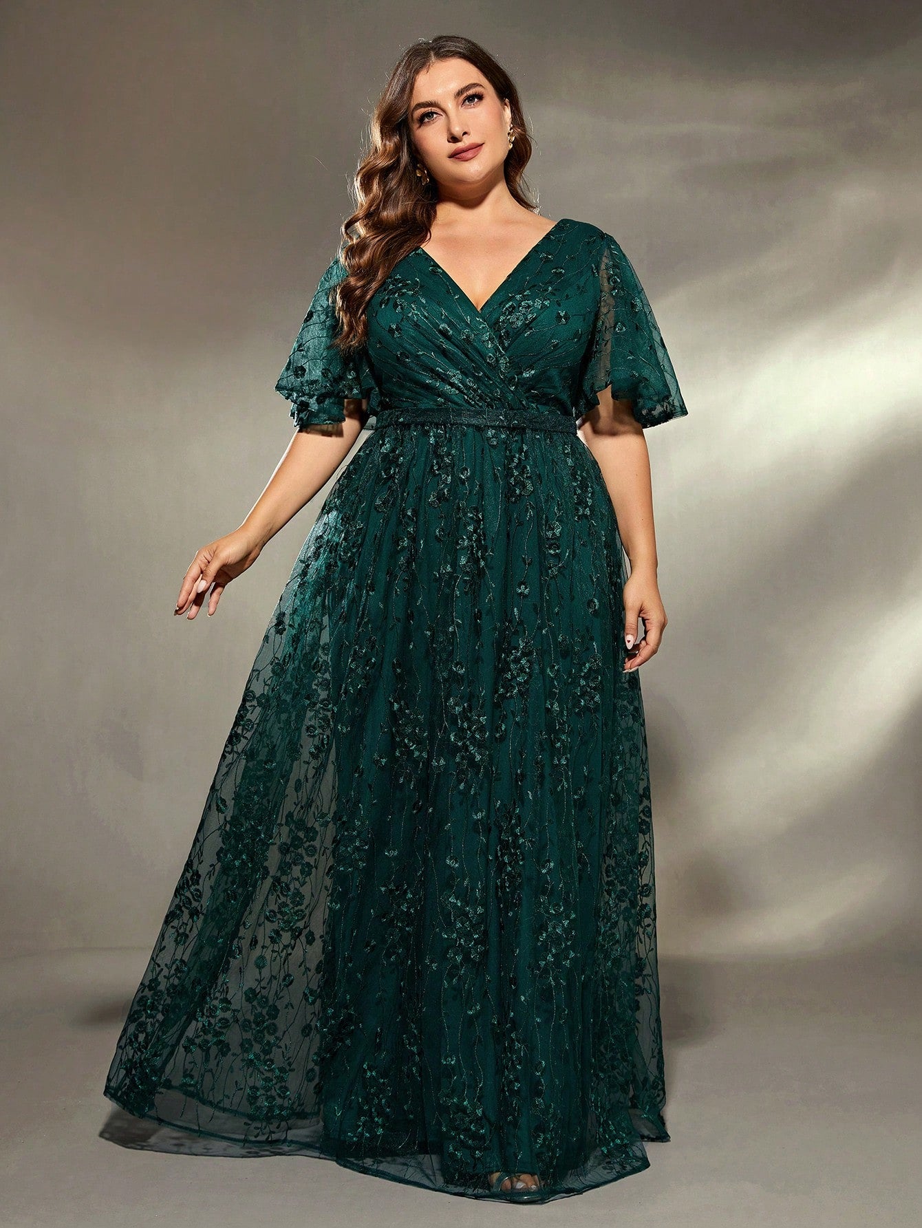 Plus Size Women's V-Neck Asymmetrical Crossed Large Flare Sleeve Embroidered Lace Maxi Formal Evening Dress Elegant Prom Wedding Guest Gown, For Graduation, Dinner Party Dress, For Valentine's Day Spring Pink