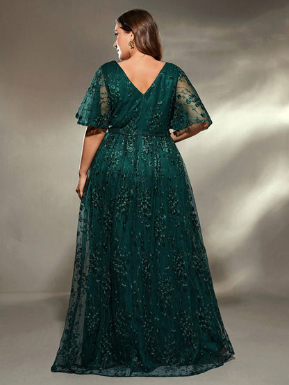 Plus Size Women's V-Neck Asymmetrical Crossed Large Flare Sleeve Embroidered Lace Maxi Formal Evening Dress Elegant Prom Wedding Guest Gown, For Graduation, Dinner Party Dress, For Valentine's Day Spring Pink