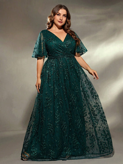 Plus Size Women's V-Neck Asymmetrical Crossed Large Flare Sleeve Embroidered Lace Maxi Formal Evening Dress Elegant Prom Wedding Guest Gown, For Graduation, Dinner Party Dress, For Valentine's Day Spring Pink
