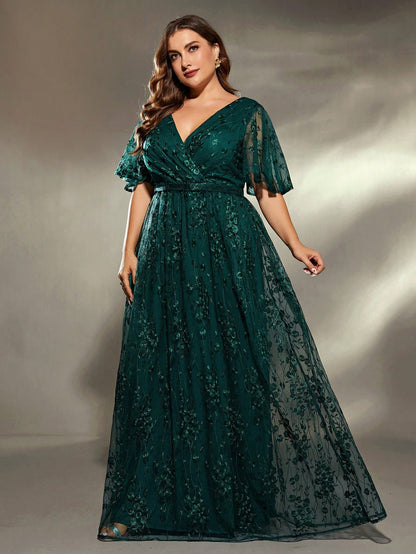 Plus Size Women's V-Neck Asymmetrical Crossed Large Flare Sleeve Embroidered Lace Maxi Formal Evening Dress Elegant Prom Wedding Guest Gown, For Graduation, Dinner Party Dress, For Valentine's Day Spring Pink
