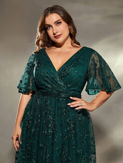 Plus Size Women's V-Neck Asymmetrical Crossed Large Flare Sleeve Embroidered Lace Maxi Formal Evening Dress Elegant Prom Wedding Guest Gown, For Graduation, Dinner Party Dress, For Valentine's Day Spring Pink