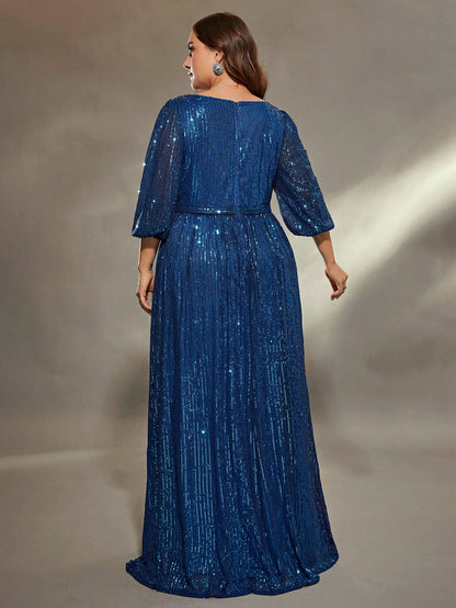 Plus Size Women's Solid Color V-Neck Long Sleeve A-Line Pleated Skirt With Sequins Formal Evening Gown Wedding