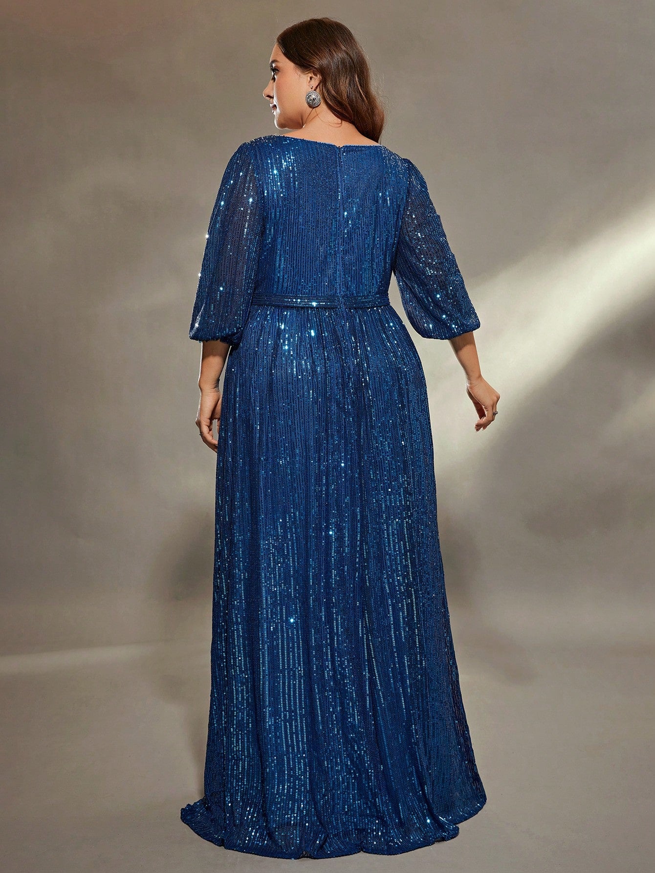 Plus Size Women Solid Color V-Neck Long Sleeve A-Line Pleated Dress With Sequins Formal Evening Gown
