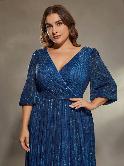 Plus Size Women Solid Color V-Neck Long Sleeve A-Line Pleated Dress With Sequins Formal Evening Gown