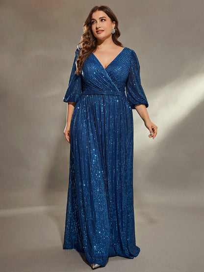 Plus Size Women's Solid Color V-Neck Long Sleeve A-Line Pleated Skirt With Sequins Formal Evening Gown Wedding