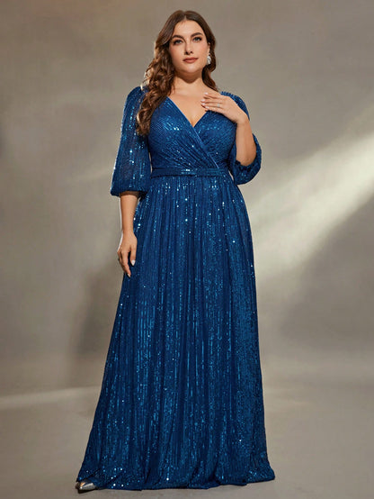 Plus Size Women's Solid Color V-Neck Long Sleeve A-Line Pleated Skirt With Sequins Formal Evening Gown Wedding