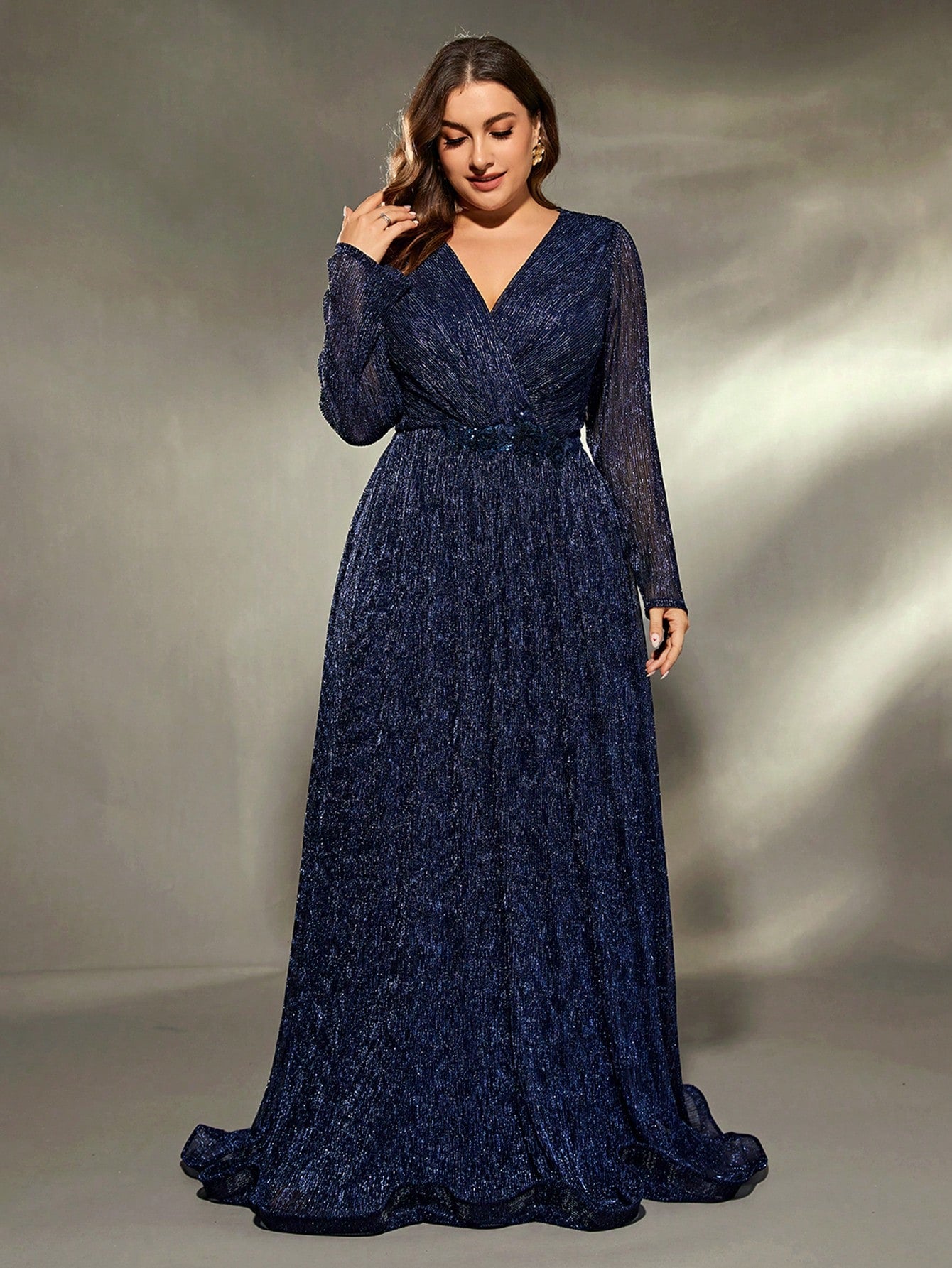 Plus Size V-Neck Wrap Long Sleeve Sequin Dress Elegant Formal Evening Prom Wedding Guest Gown, For Graduation, Dinner Party Dress