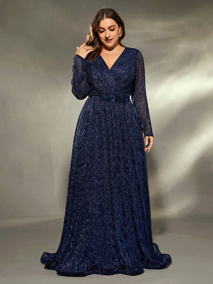 Plus Size V-Neck Wrap Long Sleeve Sequin Dress Elegant Formal Evening Prom Wedding Guest Gown, For Graduation, Dinner Party Dress