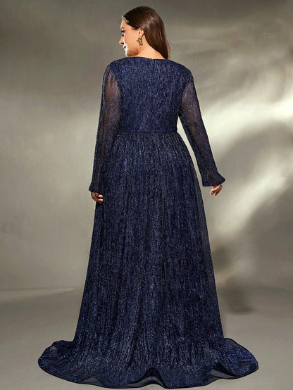 Plus Size V-Neck Wrap Long Sleeve Sequin Dress Elegant Formal Evening Prom Wedding Guest Gown, For Graduation, Dinner Party Dress
