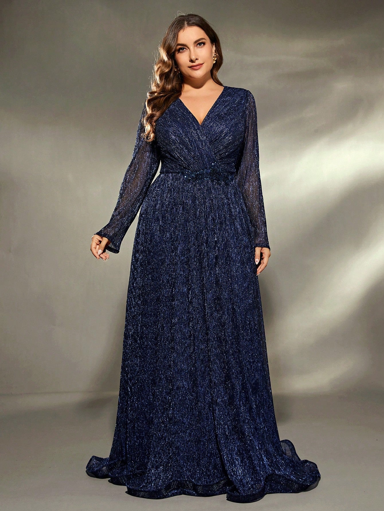Plus Size V-Neck Wrap Long Sleeve Sequin Dress Elegant Formal Evening Prom Wedding Guest Gown, For Graduation, Dinner Party Dress