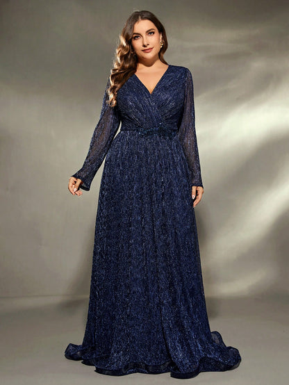 Plus Size V-Neck Wrap Long Sleeve Sequin Dress Elegant Formal Evening Prom Wedding Guest Gown, For Graduation, Dinner Party Dress