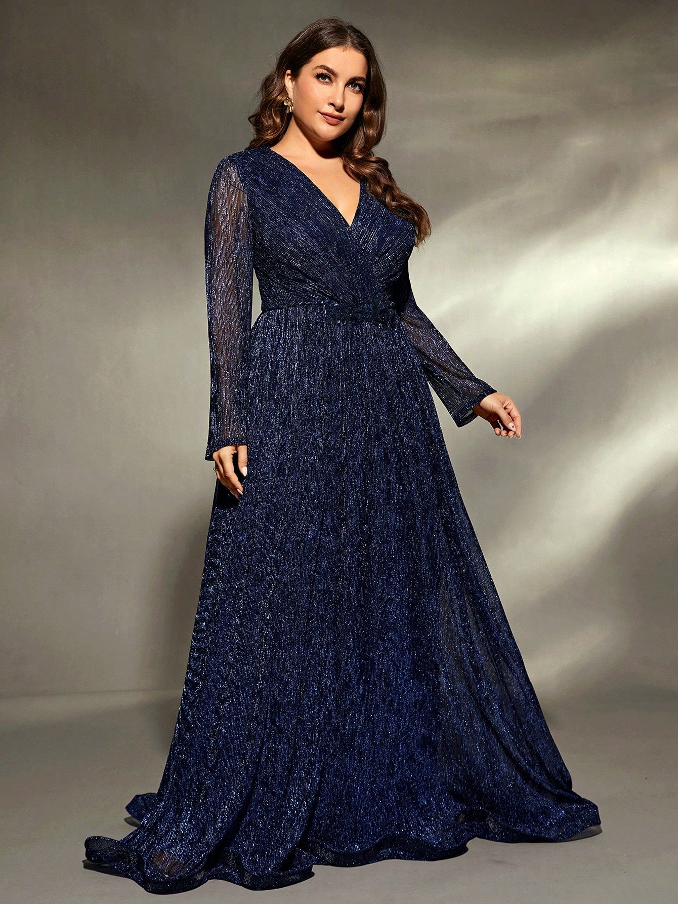 Plus Size V-Neck Wrap Long Sleeve Sequin Dress Elegant Formal Evening Prom Wedding Guest Gown, For Graduation, Dinner Party Dress