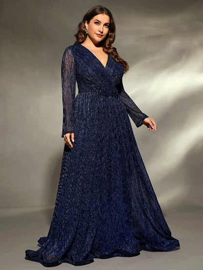 Plus Size V-Neck Wrap Long Sleeve Sequin Dress Elegant Formal Evening Prom Wedding Guest Gown, For Graduation, Dinner Party Dress