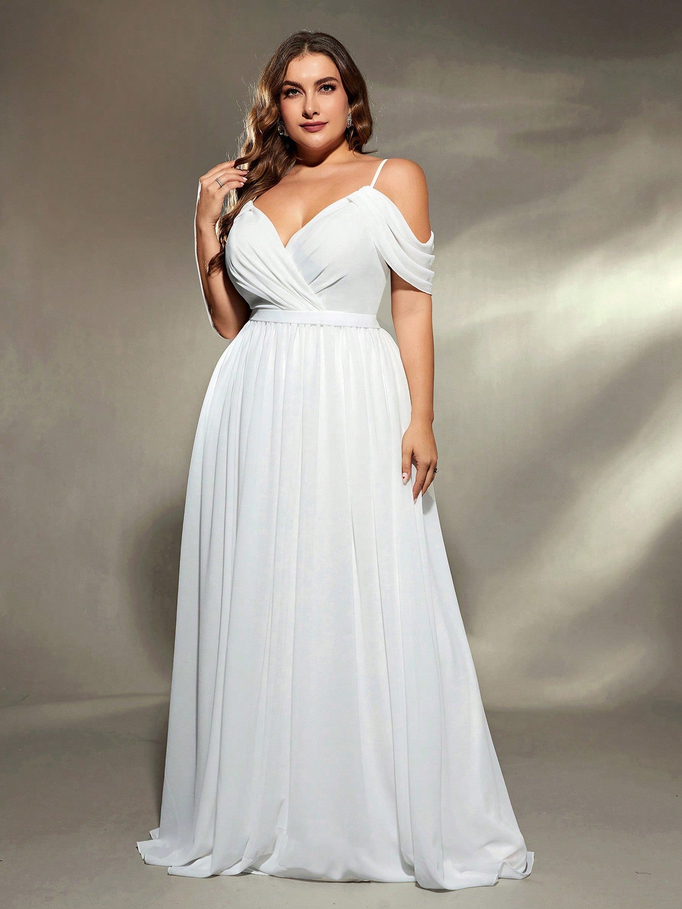 Plus Size Asymmetrical Ruched Cross Chiffon Sleeveless Bridal Ball Gown, Wedding Dress,Bride Spring White Party