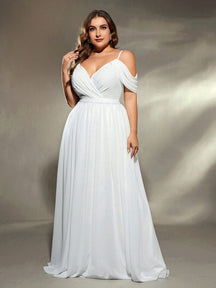 Plus Size Asymmetrical Ruched Cross Chiffon Sleeveless Bridal Ball Gown, Wedding Dress,Bride Spring White Party