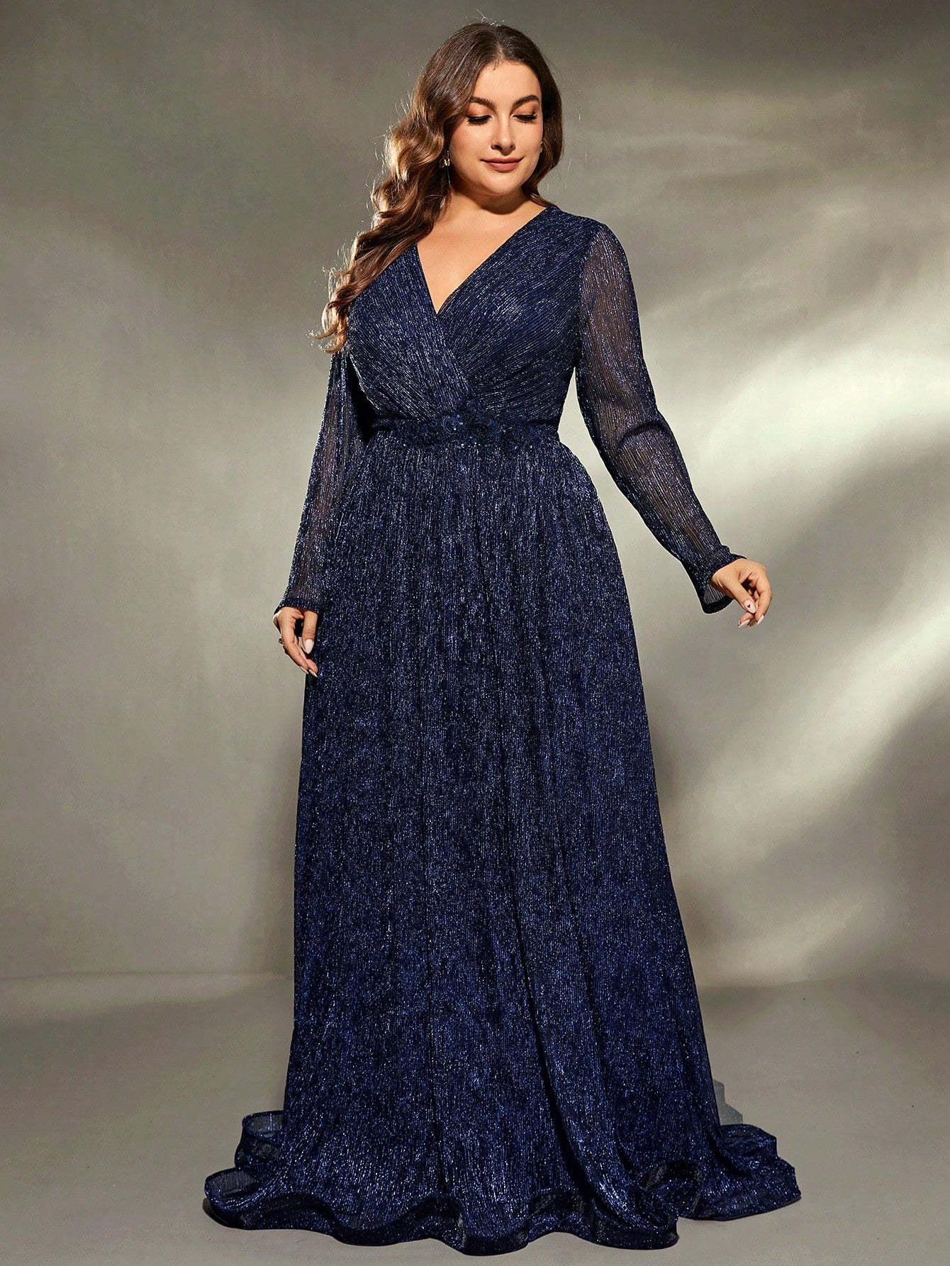 Plus Size V-Neck Wrap Long Sleeve Sequin Dress Elegant Formal Evening Prom Wedding Guest Gown, For Graduation, Dinner Party Dress