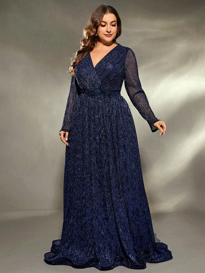 Plus Size V-Neck Wrap Long Sleeve Sequin Dress Elegant Formal Evening Prom Wedding Guest Gown, For Graduation, Dinner Party Dress