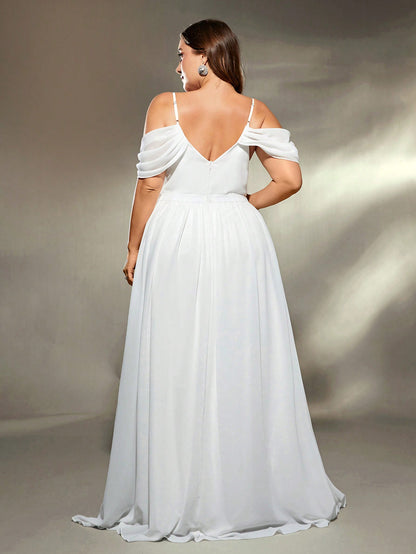 Plus Size Asymmetrical Ruched Cross Chiffon Sleeveless Bridal Ball Gown, Wedding Dress,Bride Spring White Party