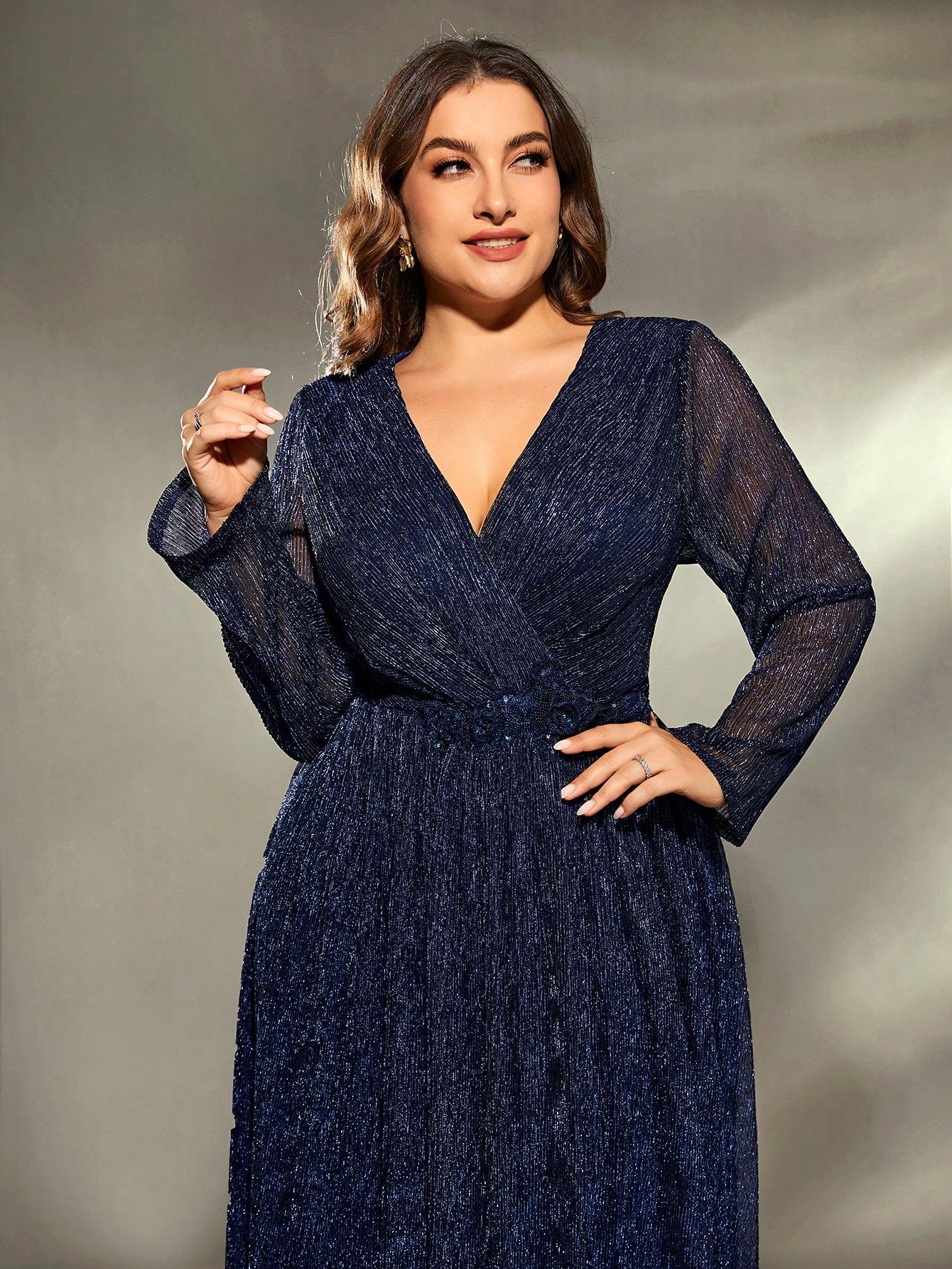 Plus Size V-Neck Wrap Long Sleeve Sequin Dress Elegant Formal Evening Prom Wedding Guest Gown, For Graduation, Dinner Party Dress
