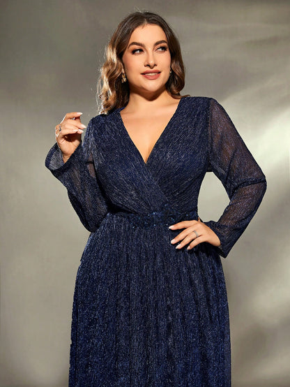 Plus Size V-Neck Wrap Long Sleeve Sequin Dress Elegant Formal Evening Prom Wedding Guest Gown, For Graduation, Dinner Party Dress