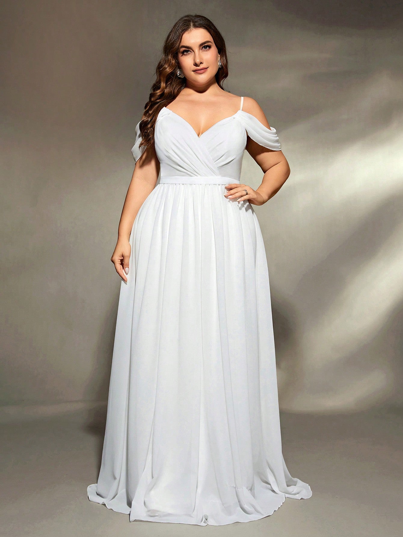 Plus Size Asymmetrical Ruched Cross Chiffon Sleeveless Bridal Ball Gown, Wedding Dress,Bride Spring White Party