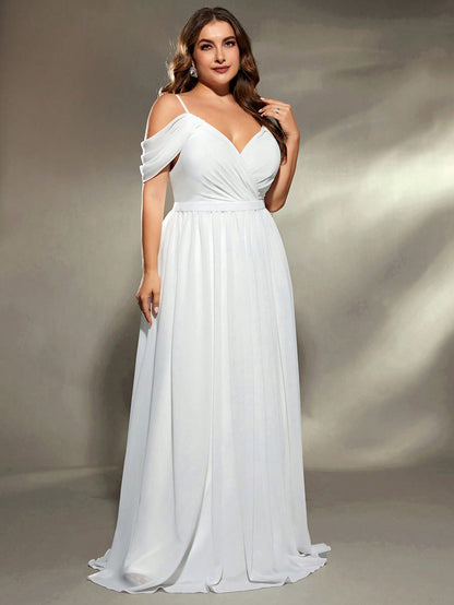 Plus Size Asymmetrical Ruched Cross Chiffon Sleeveless Bridal Ball Gown, Wedding Dress,Bride Spring White Party