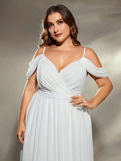 Plus Size Asymmetrical Ruched Cross Chiffon Sleeveless Bridal Ball Gown, Wedding Dress,Bride Spring White Party