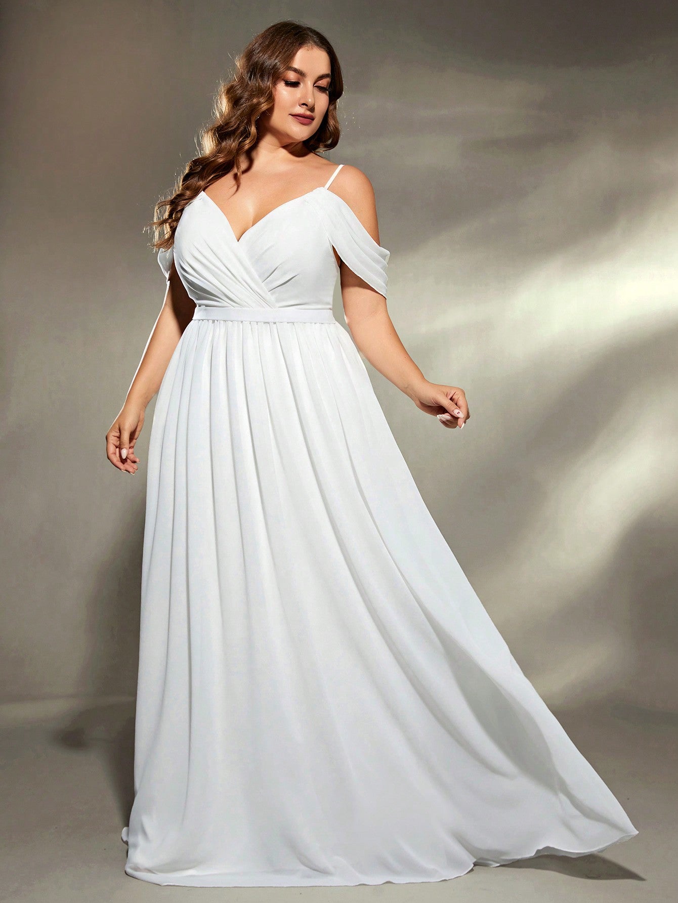 Plus Size Asymmetrical Ruched Cross Chiffon Sleeveless Bridal Ball Gown, Wedding Dress,Bride Spring White Party