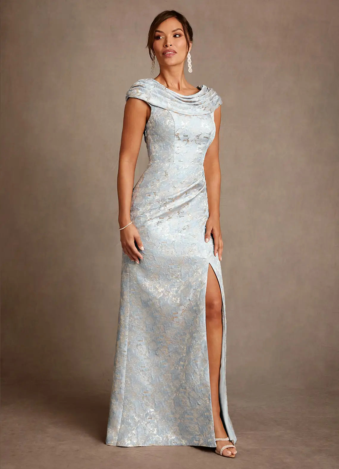 Dusty Blue A-Line Pleated Floral Jacquard Dress