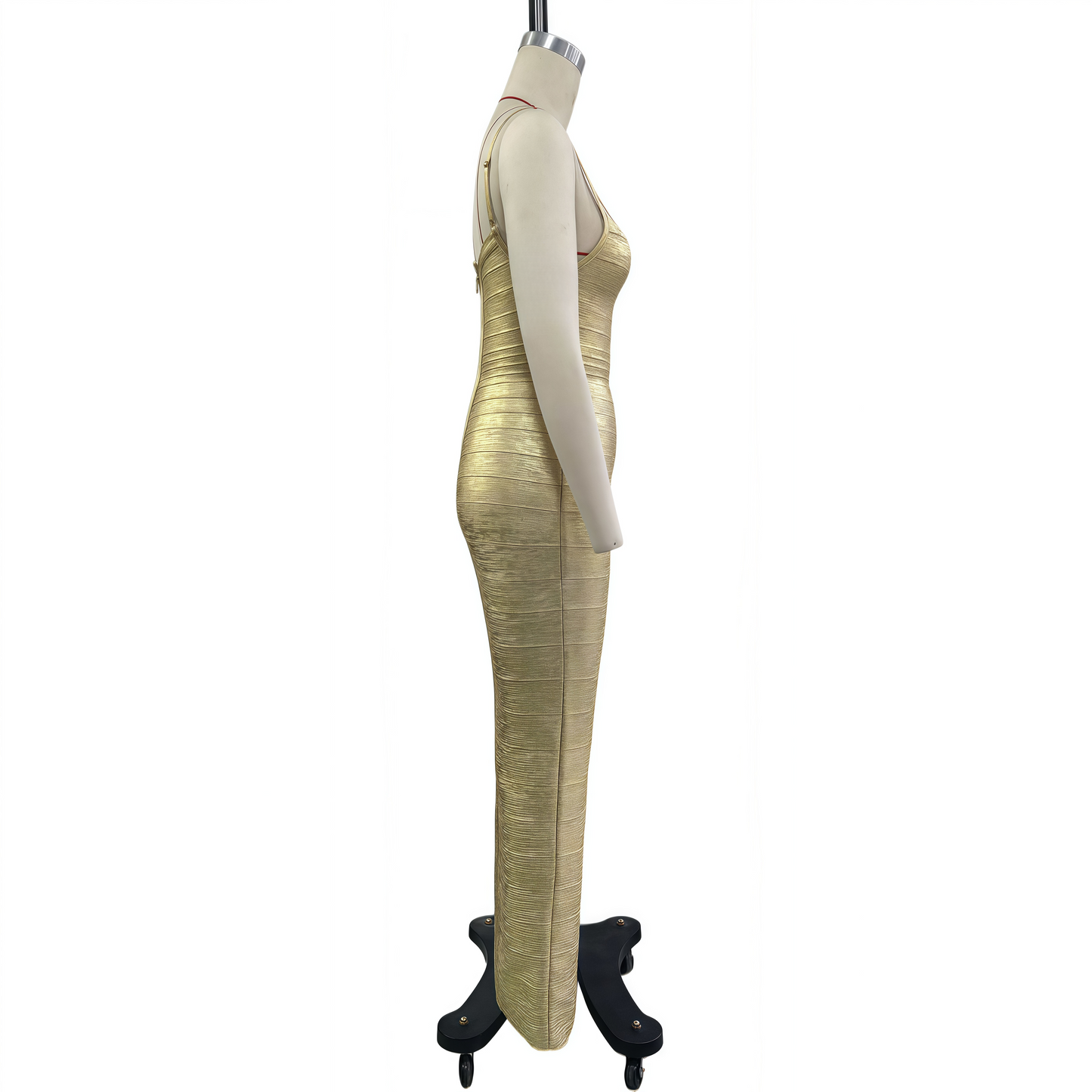 Rose Gold Striped Bandage Dress, Spaghetti Strap Sexy High Slit Party Gown
