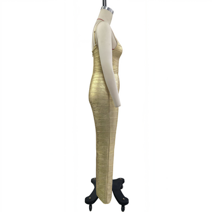 Rose Gold Striped Bandage Dress, Spaghetti Strap Sexy High Slit Party Gown