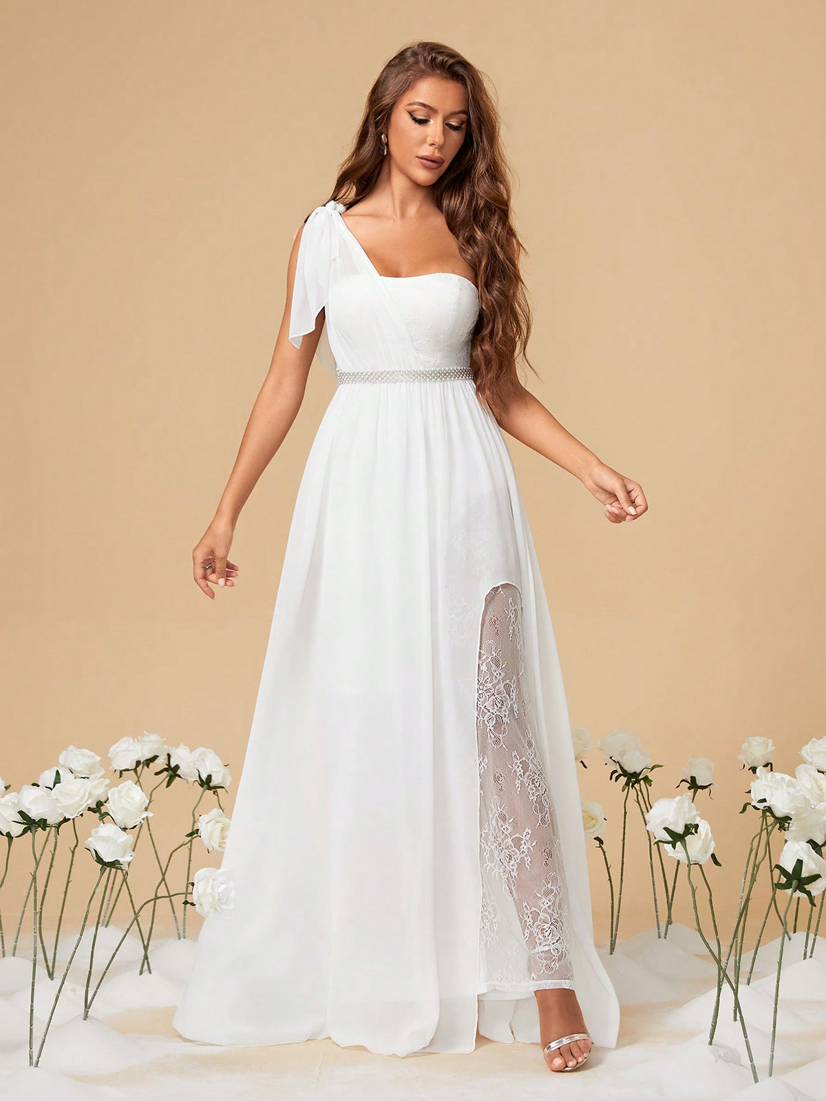 Elegant Women's White One Shoulder Uneven Bow Lace Chiffon Rhinestone Belt Slit A-Line Maxi Bridal Gown Fall Winter Wedding Dinner Party Festival