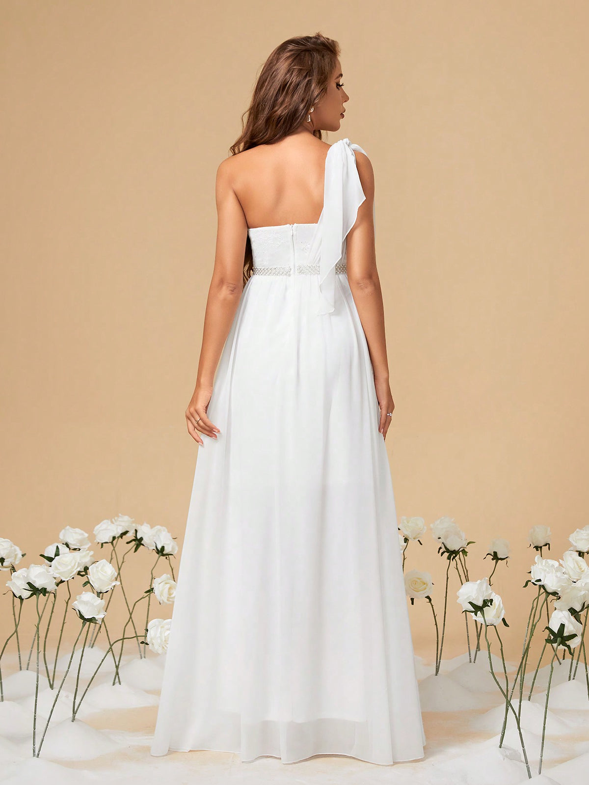 Elegant Women's White One Shoulder Uneven Bow Lace Chiffon Rhinestone Belt Slit A-Line Maxi Bridal Gown Fall Winter Wedding Dinner Party Festival