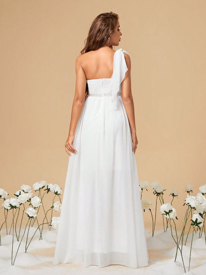 Elegant Women's White One Shoulder Uneven Bow Lace Chiffon Rhinestone Belt Slit A-Line Maxi Bridal Gown Fall Winter Wedding Dinner Party Festival