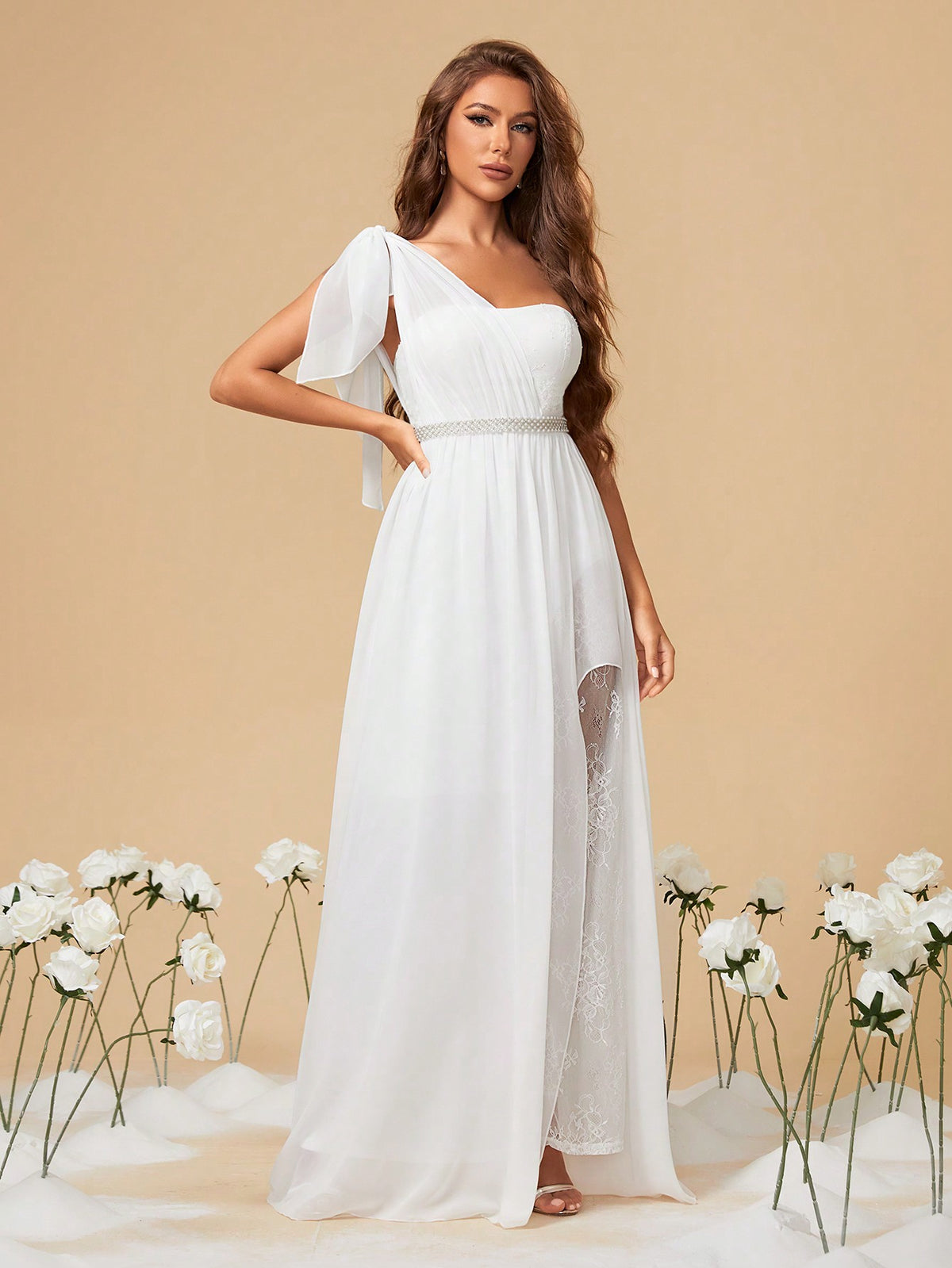 Elegant Women's White One Shoulder Uneven Bow Lace Chiffon Rhinestone Belt Slit A-Line Maxi Bridal Gown Fall Winter Wedding Dinner Party Festival