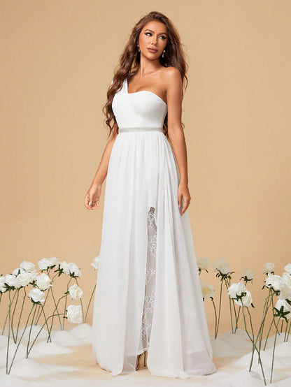 Elegant Women's White One Shoulder Uneven Bow Lace Chiffon Rhinestone Belt Slit A-Line Maxi Bridal Gown Fall Winter Wedding Dinner Party Festival