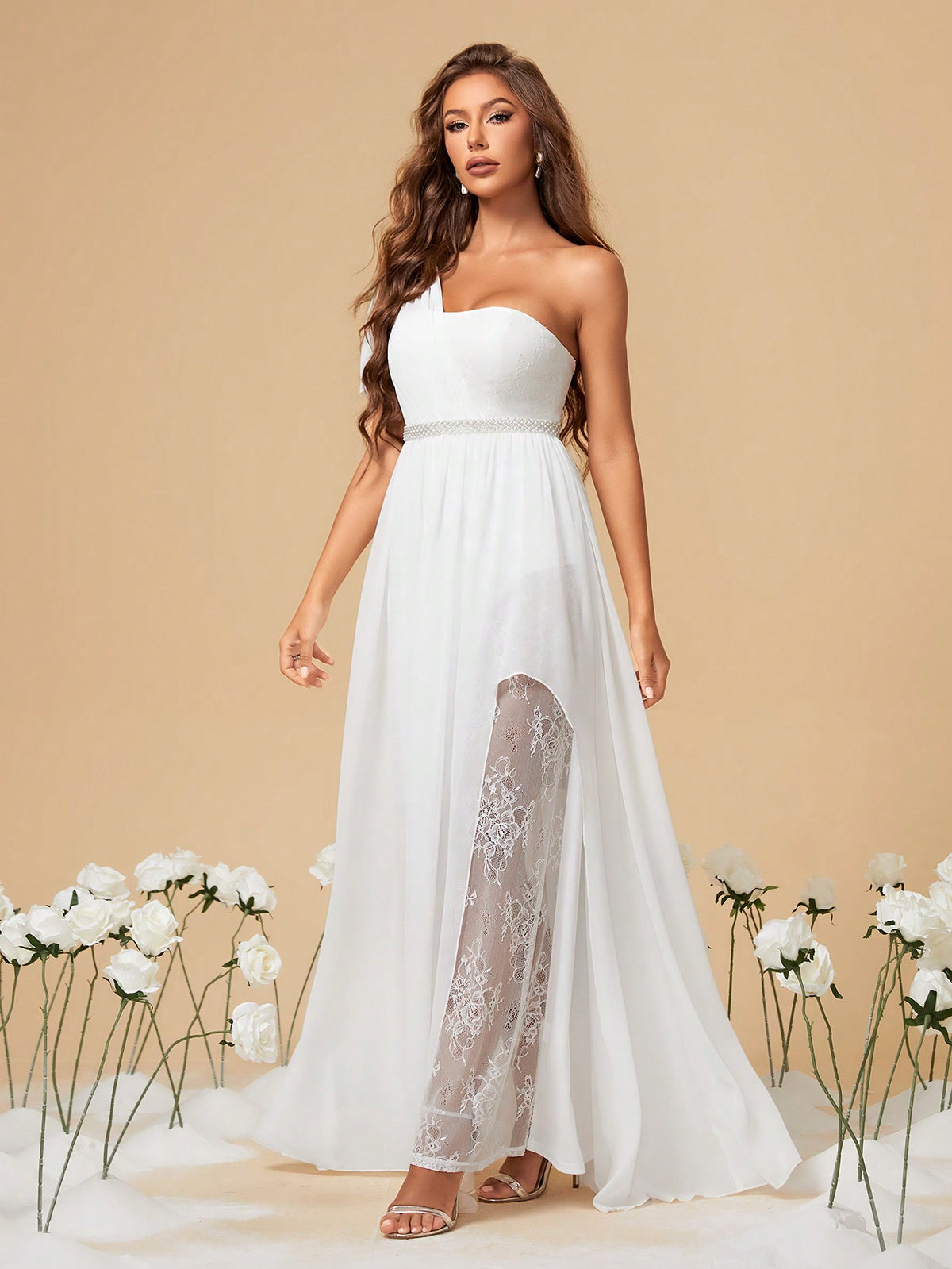 Elegant Women's White One Shoulder Uneven Bow Lace Chiffon Rhinestone Belt Slit A-Line Maxi Bridal Gown Fall Winter Wedding Dinner Party Festival