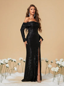 High Slit Long Sleeves Sequin Off Shoulder Dress Black Elegant Formal Evening Prom Wedding Guest Gown, For Graduation, Dinner Party Dress Spring