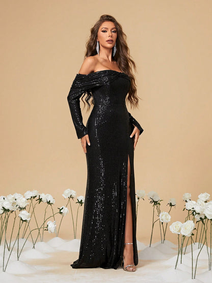 High Slit Long Sleeves Sequin Off Shoulder Dress Black Elegant Formal Evening Prom Wedding Guest Gown, For Graduation, Dinner Party Dress Spring