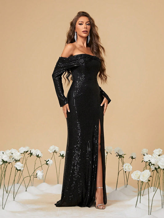 High Slit Long Sleeves Sequin Off Shoulder Dress Black Elegant Formal Evening Prom Wedding Guest Gown, For Graduation, Dinner Party Dress Spring