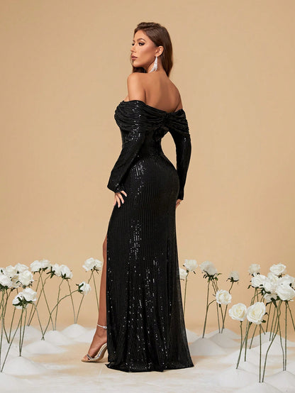 High Slit Long Sleeves Sequin Off Shoulder Dress Black Elegant Formal Evening Prom Wedding Guest Gown, For Graduation, Dinner Party Dress Spring