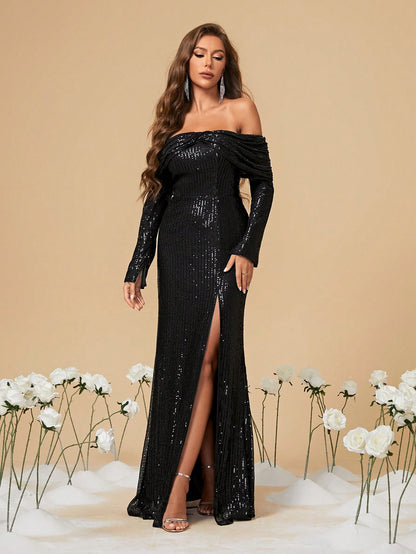 High Slit Long Sleeves Sequin Off Shoulder Dress Black Elegant Formal Evening Prom Wedding Guest Gown, For Graduation, Dinner Party Dress Spring
