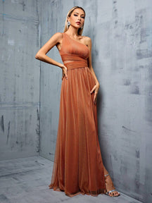 Asymmetrical Neck Draped Bust, Hollow Waist, High Slit A-Line Long Chiffon Dress, Bridesmaid Dress Wedding Spring