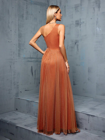Asymmetrical Neck Draped Bust, Hollow Waist, High Slit A-Line Long Chiffon Dress, Bridesmaid Dress Wedding Spring