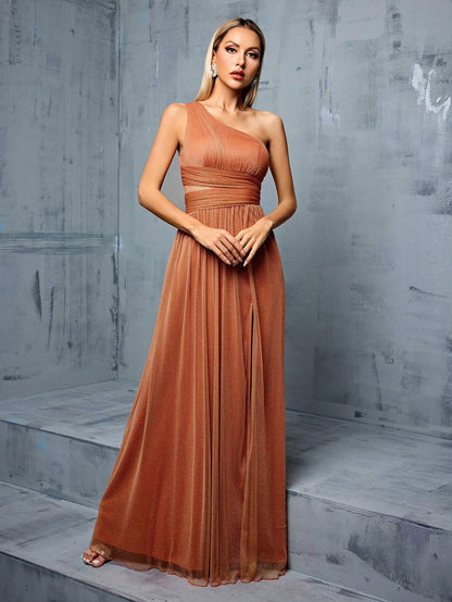 Asymmetrical Neck Draped Bust, Hollow Waist, High Slit A-Line Long Chiffon Dress, Bridesmaid Dress Wedding Spring
