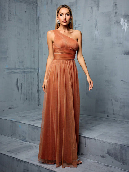 Asymmetrical One Shoulder Pleated Bust & Hollow Waist High Split A-Line Mesh Dress, Bridesmaid Dress Wedding Spring