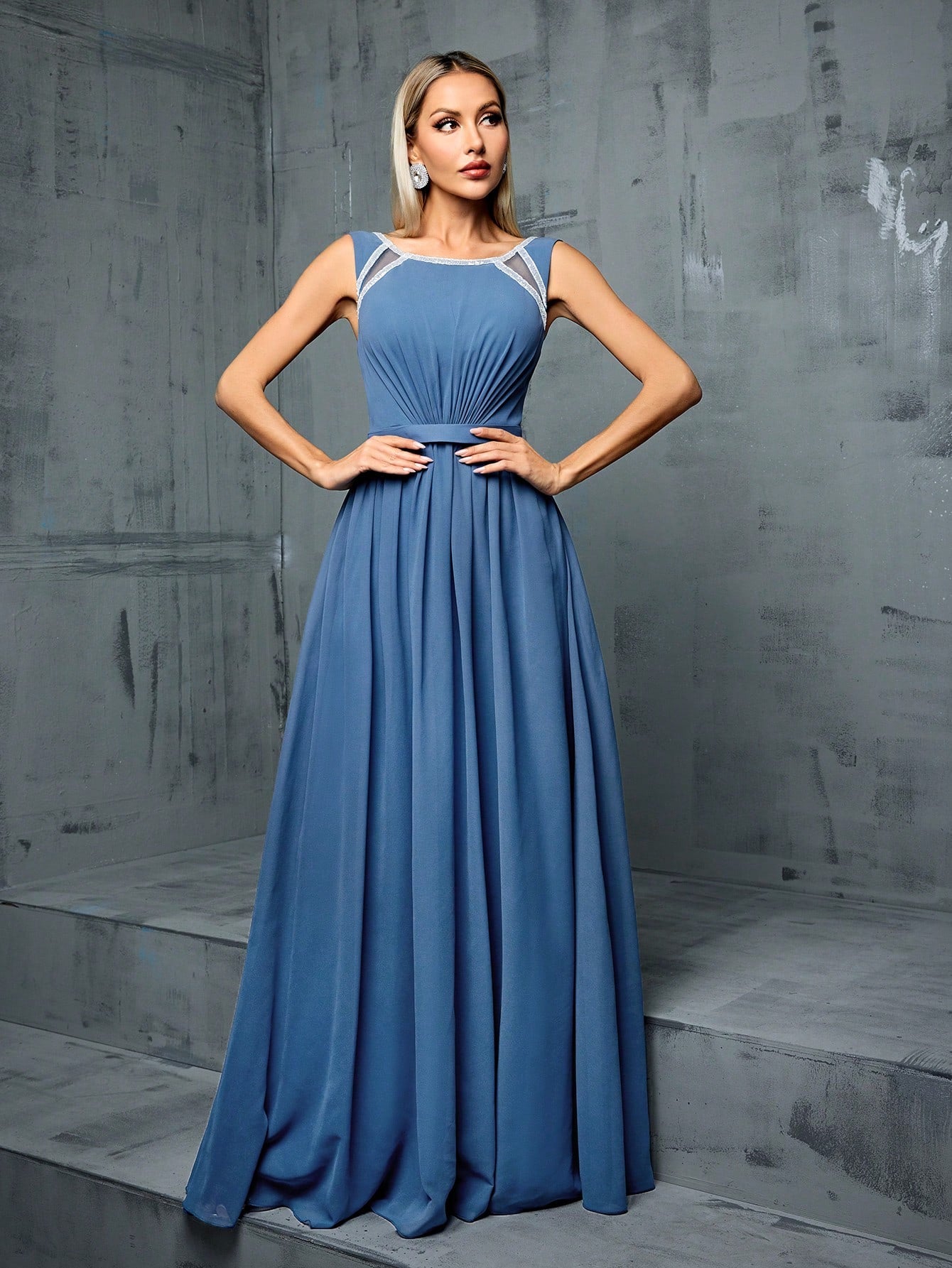 Crew Neck Hollow Shoulder Sequin Ribbon Waist Pleated Chiffon A-Line Bridesmaid Dress